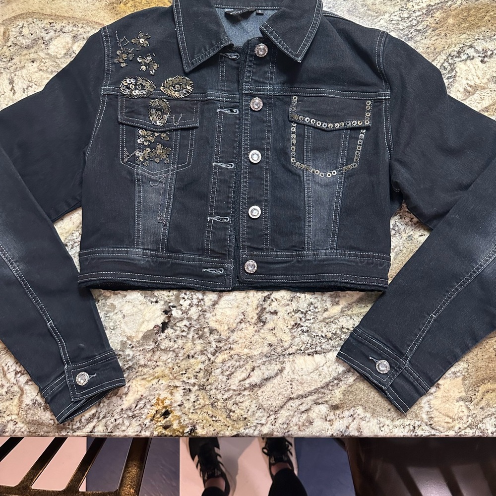 Vintage Kaity Black Cropped Embellished Jean Jacket